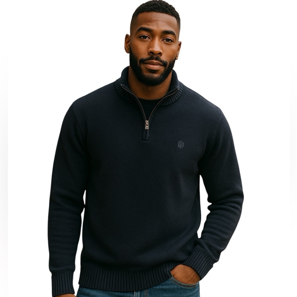 CHAPS Men Black 1/4 Zip Pullover Sweater Cotton Sz Large Cozy Soft Office
